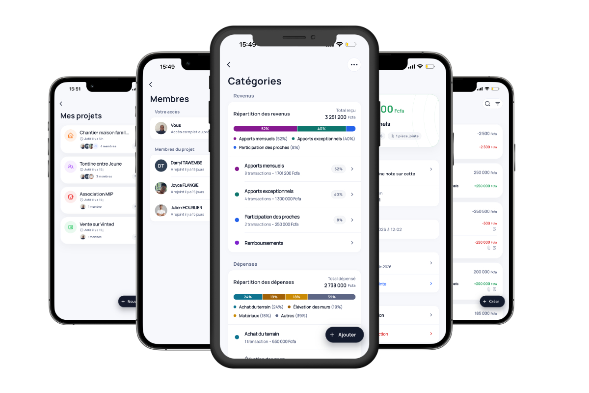Aperçu de l’application Jengo avec projets, membres, catégories et transactions financières